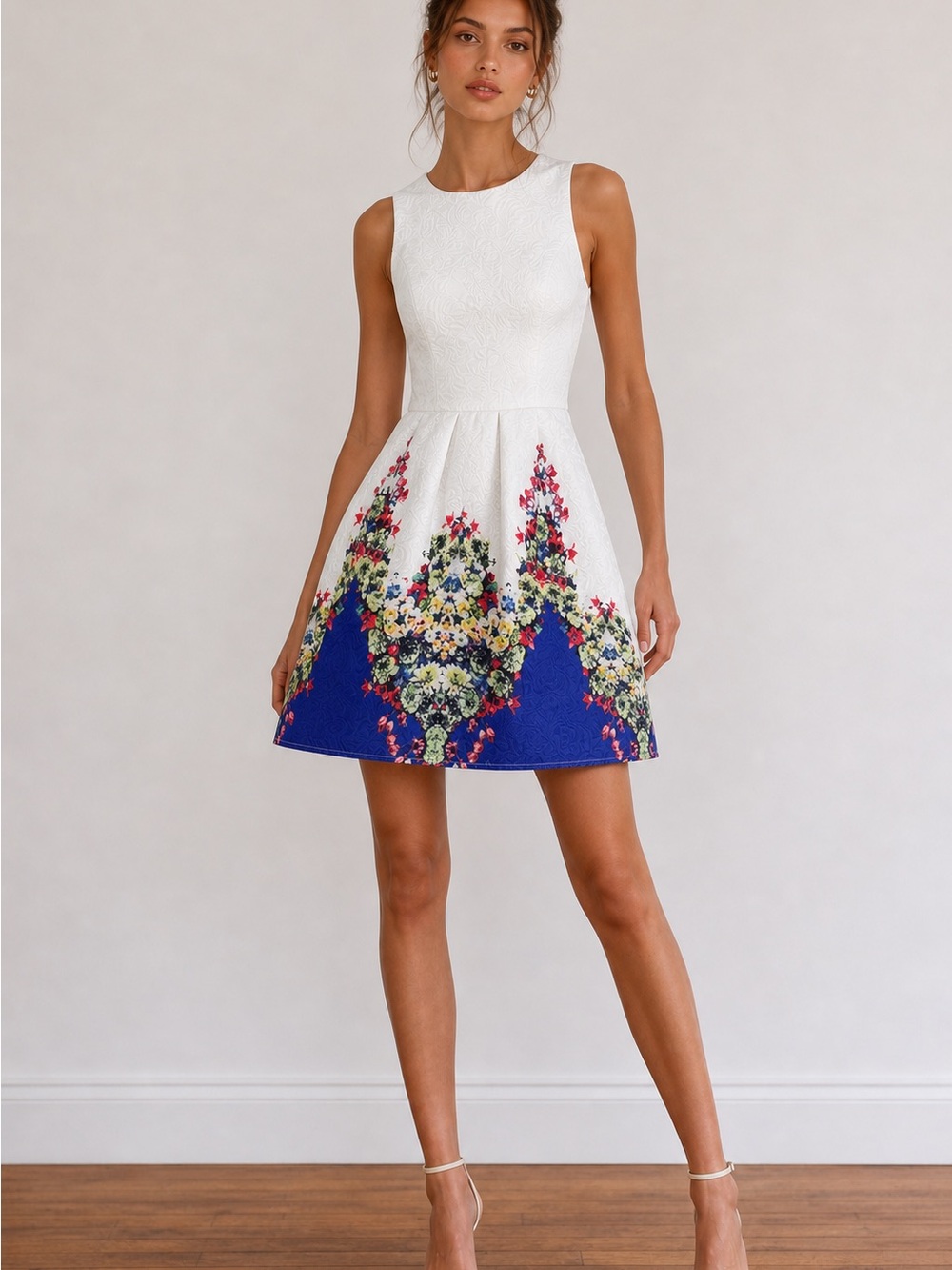 Floral Skater Dress - White & Blue